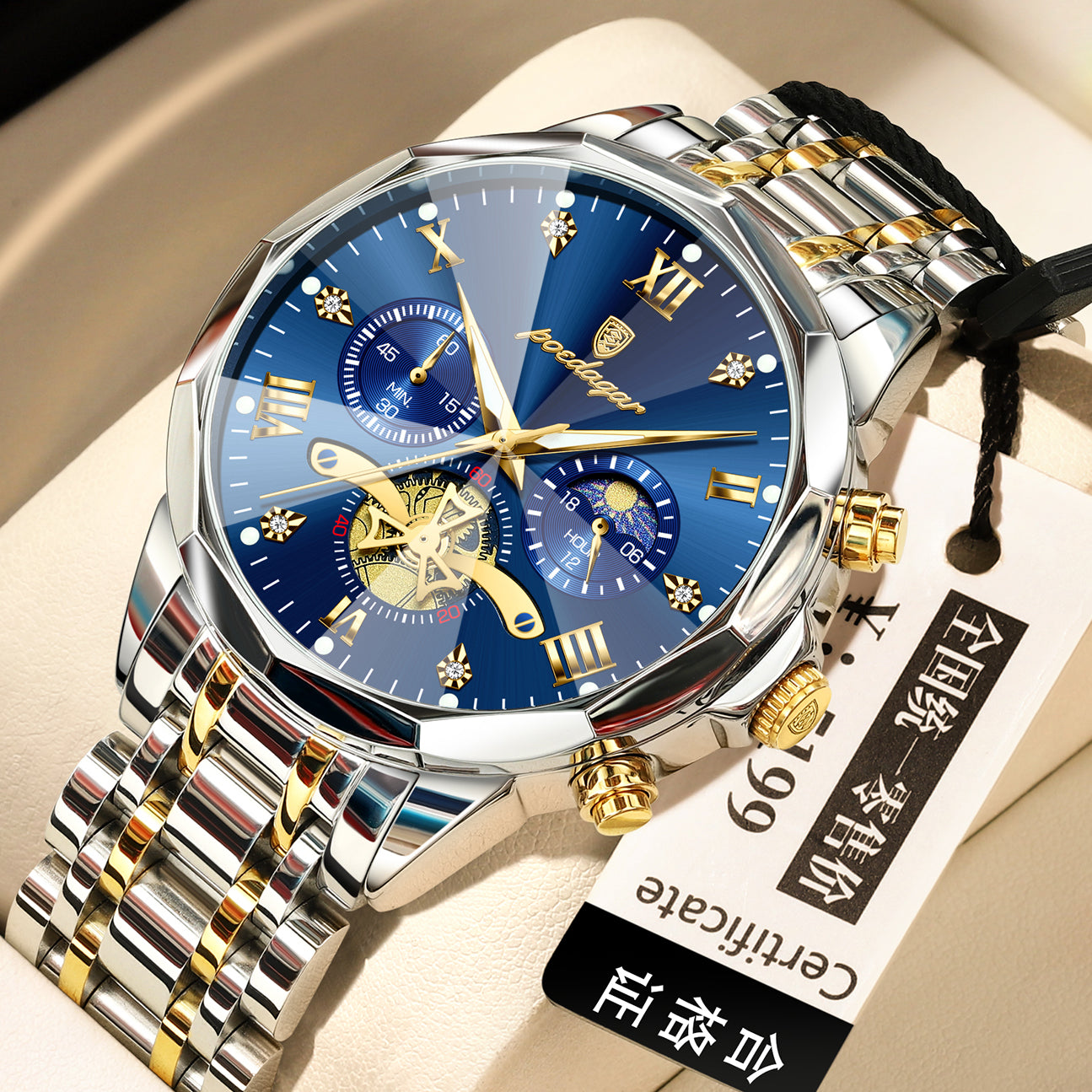 Men’s quartz watch with blue dial, gold bezel, and two-tone metal bracelet strap