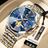Men’s quartz watch with blue dial, gold bezel, and two-tone metal bracelet strap