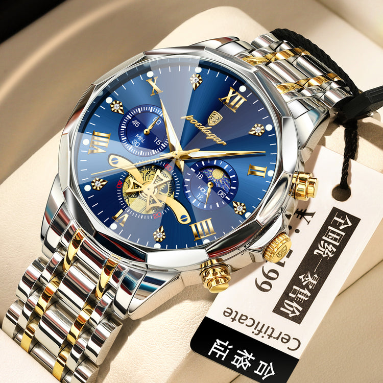 Men’s quartz watch with blue dial, gold bezel, and two-tone metal bracelet strap