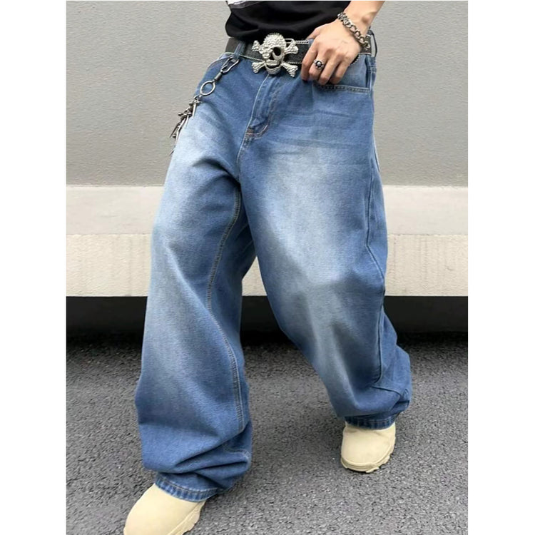 Sky blue washed straight loose jeans with front fly seam and dangling chain charm