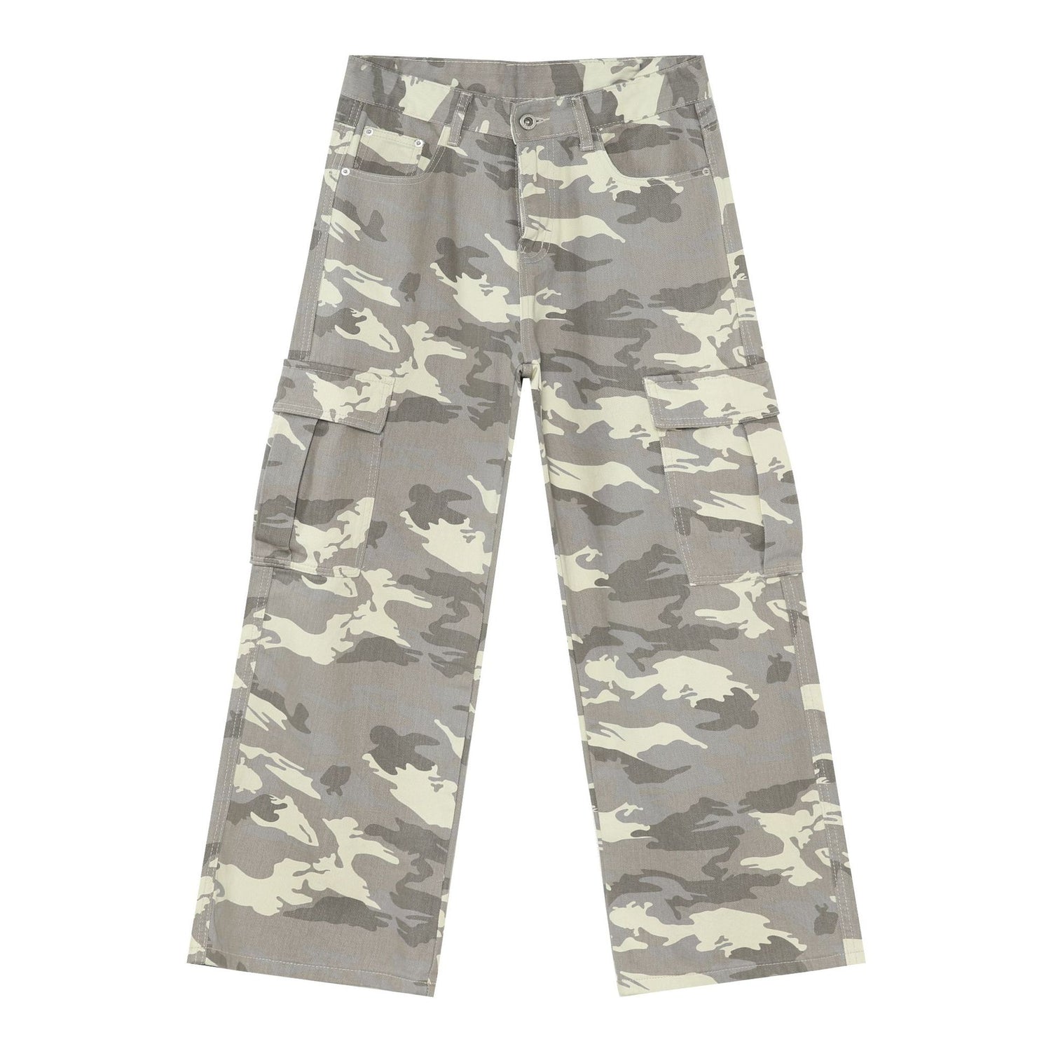 Camo cargo denim jeans, light camouflage print, with flap cargo pockets and button waist