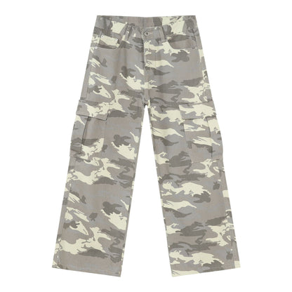 Camo cargo denim jeans, light camouflage print, with flap cargo pockets and button waist