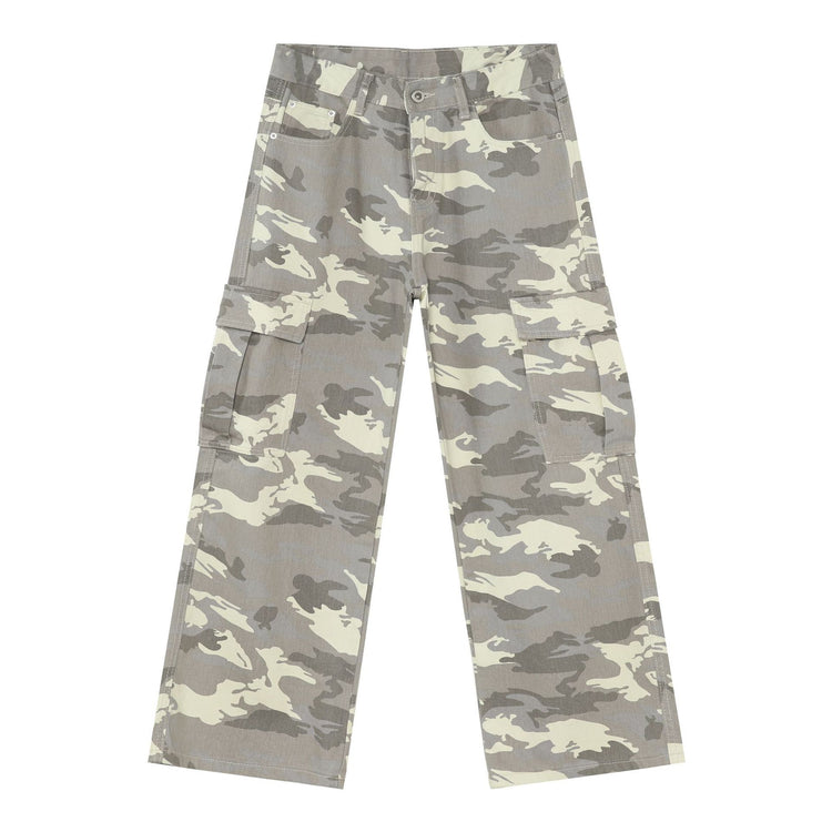 Camo cargo denim jeans, light camouflage print, with flap cargo pockets and button waist