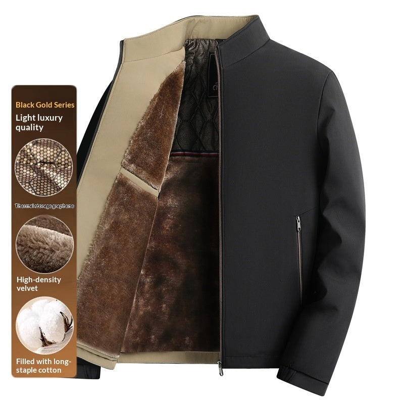 Khaki and black fleece-lined jacket with full front zipper and brown velvet lining panel