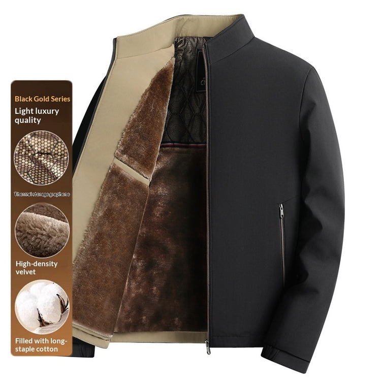 Khaki and black fleece-lined jacket with full front zipper and brown velvet lining panel