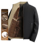 Khaki and black fleece-lined jacket with full front zipper and brown velvet lining panel