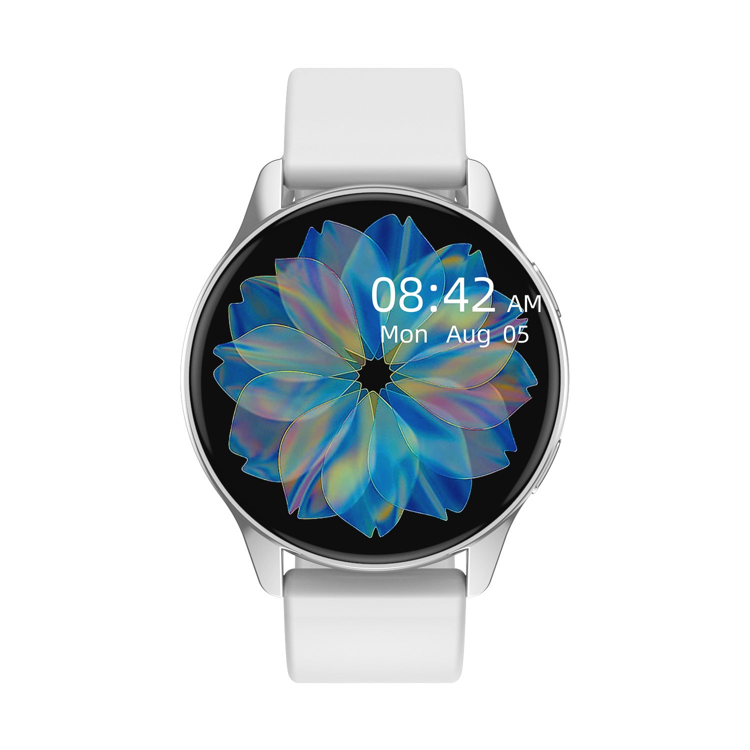 Smartwatch with white silicone band, round black display showing 08:42 and blue flower.