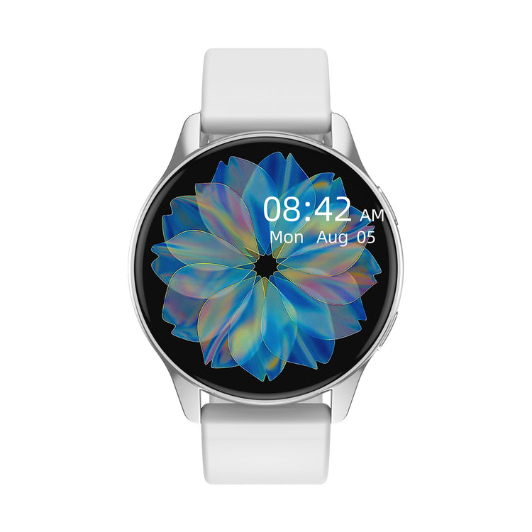 Smartwatch with white silicone band, round black display showing 08:42 and blue flower.