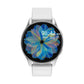 Smartwatch with white silicone band, round black display showing 08:42 and blue flower.