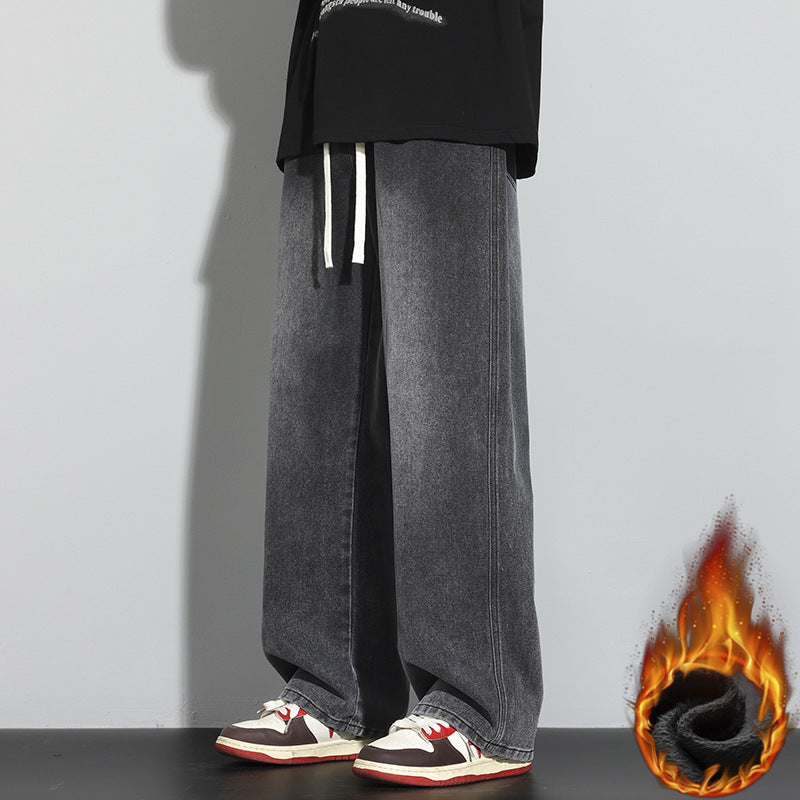 Relaxed wide-leg jeans for men, dark gray wash, long straight legs, stitched side seam