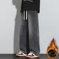 Relaxed wide-leg jeans for men, dark gray wash, long straight legs, stitched side seam