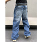 Sky blue washed straight jeans with back patch pockets and relaxed loose fit