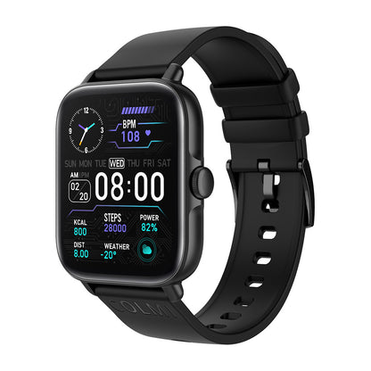 Waterproof smartwatch with black strap, black case, 08:00 and steps dashboard on display