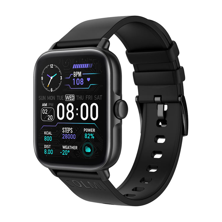 Waterproof smartwatch with black strap, black case, 08:00 and steps dashboard on display