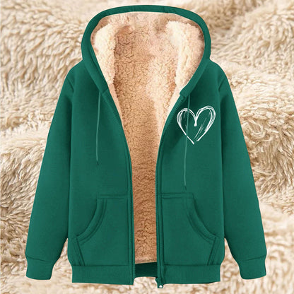 Thermal zip-up hoodie with hood, dark green exterior, sherpa lining, front pockets, heart graphic
