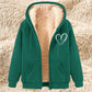 Thermal zip-up hoodie with hood, dark green exterior, sherpa lining, front pockets, heart graphic