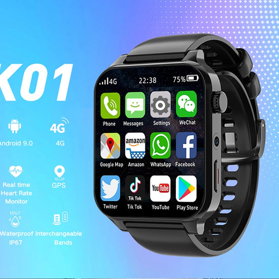 Black smartwatch with app icons on full touchscreen display