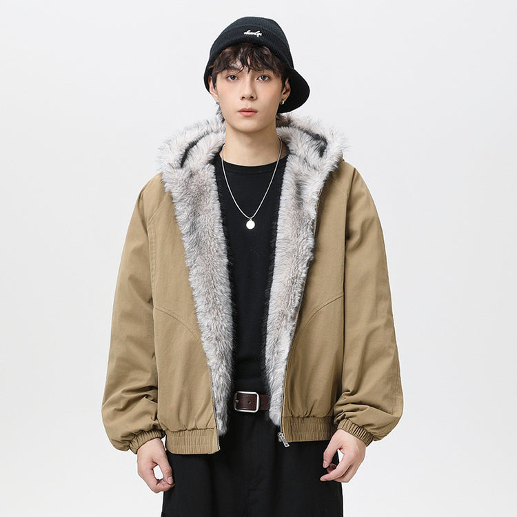 Khaki cotton padded jacket with fleece-lined hood and faux fur trim