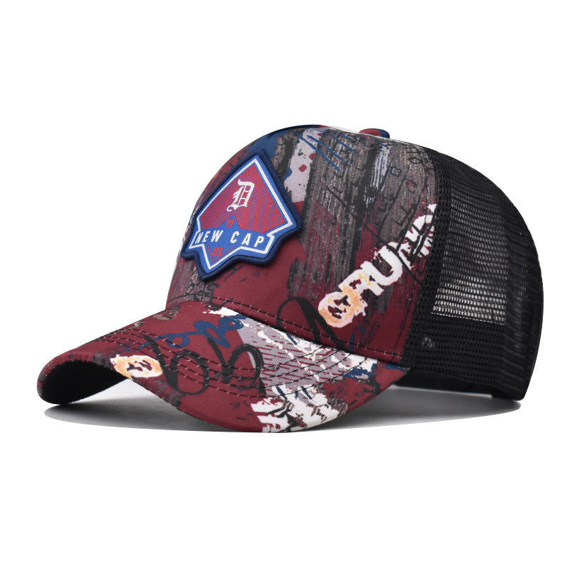Graffiti baseball cap with red crown and black mesh sides, with embroidered New Cap patch