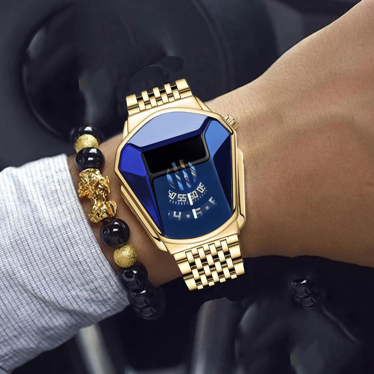 Gold-tone smartwatch with blue digital face and black bead bracelet with gold Pixiu charm