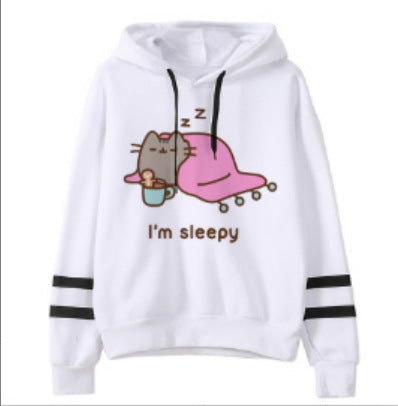 White fleece hoodie with sleepy cat illustration and text "I&