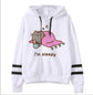 White fleece hoodie with sleepy cat illustration and text "I&