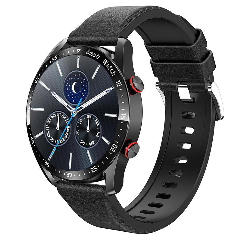 Smart watch with dark round face and black textured silicone strap