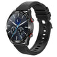 Smart watch with dark round face and black textured silicone strap