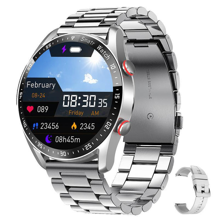 Smart watch with round display and silver metal link strap, side buttons visible