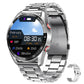Smart watch with round display and silver metal link strap, side buttons visible