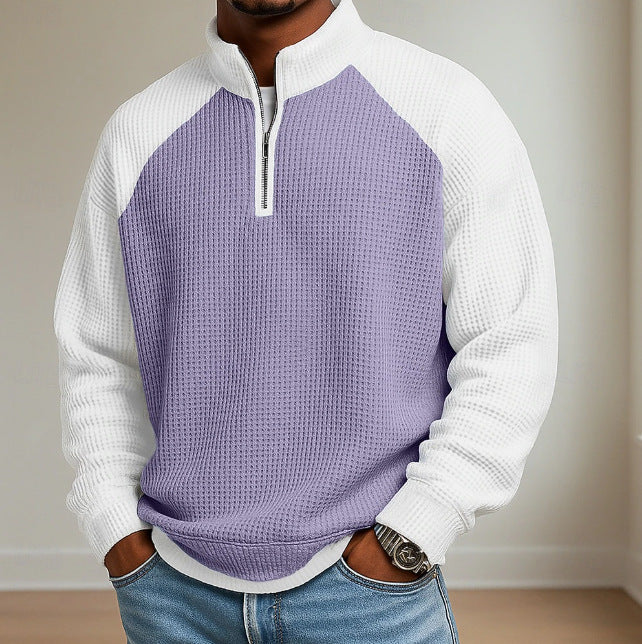 Color-block half-zip long-sleeve polo shirt in lavender with white sleeves