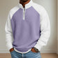 Color-block half-zip long-sleeve polo shirt in lavender with white sleeves