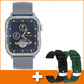 Bluetooth sports smartwatch with dark display, gray strap and two extra silicone bands.
