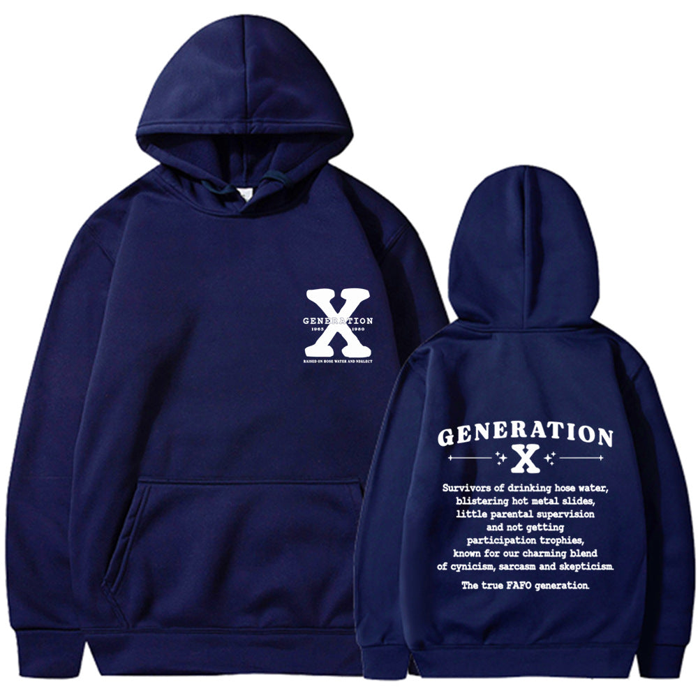 Loose hoodie in navy blue with hood, front pouch pocket, and chest/back graphic print.