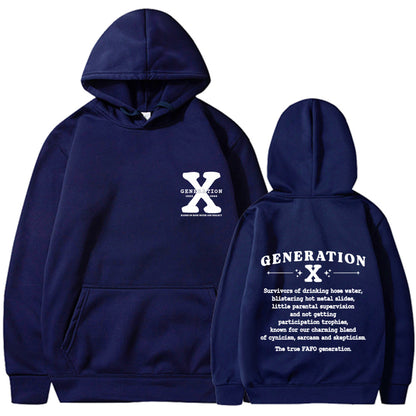 Loose hoodie in navy blue with hood, front pouch pocket, and chest/back graphic print.