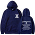 Loose hoodie in navy blue with hood, front pouch pocket, and chest/back graphic print.