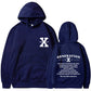 Loose hoodie in navy blue with hood, front pouch pocket, and chest/back graphic print.
