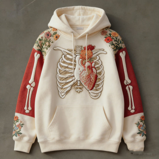 Cream hoodie with hood, front skeleton-heart embroidery, kangaroo pocket, floral sleeve panels