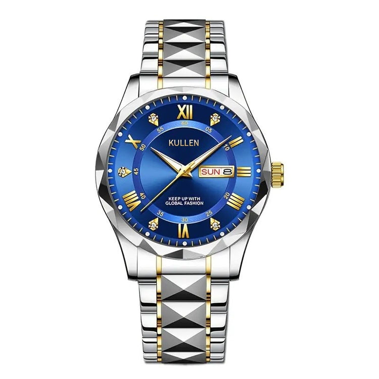 Quartz wristwatch front view with blue dial, silver bracelet with gold links