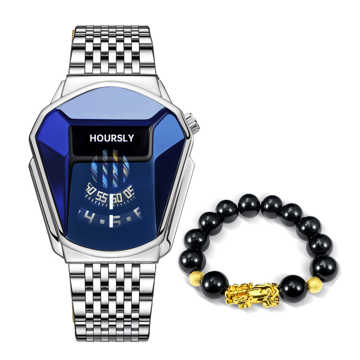 Silver-tone smartwatch with blue digital face and matching black bead Pixiu charm bracelet