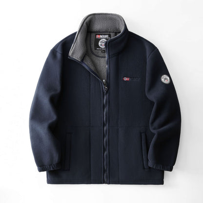 Fleece-lined polar fleece jacket, navy with gray lining and zip-front
