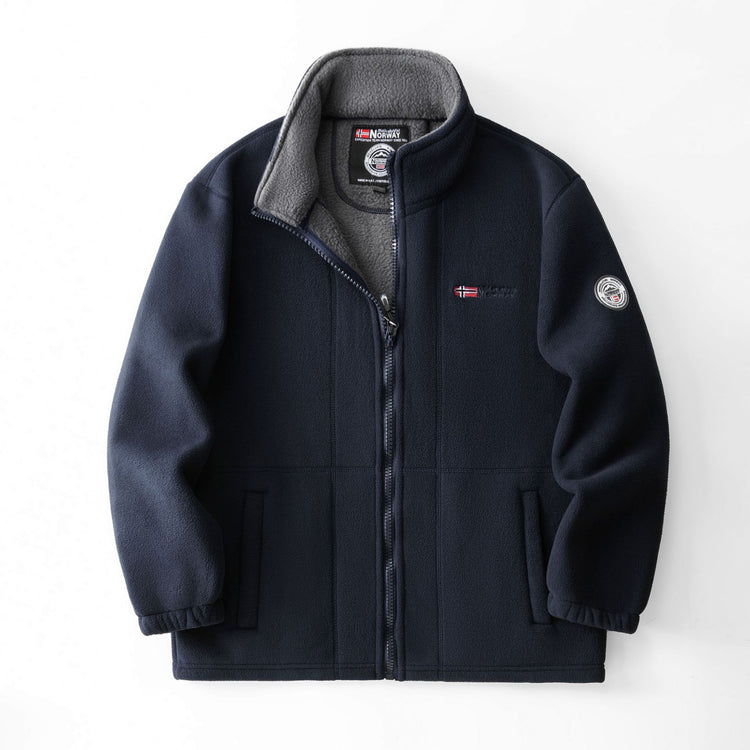 Fleece-lined polar fleece jacket, navy with gray lining and zip-front