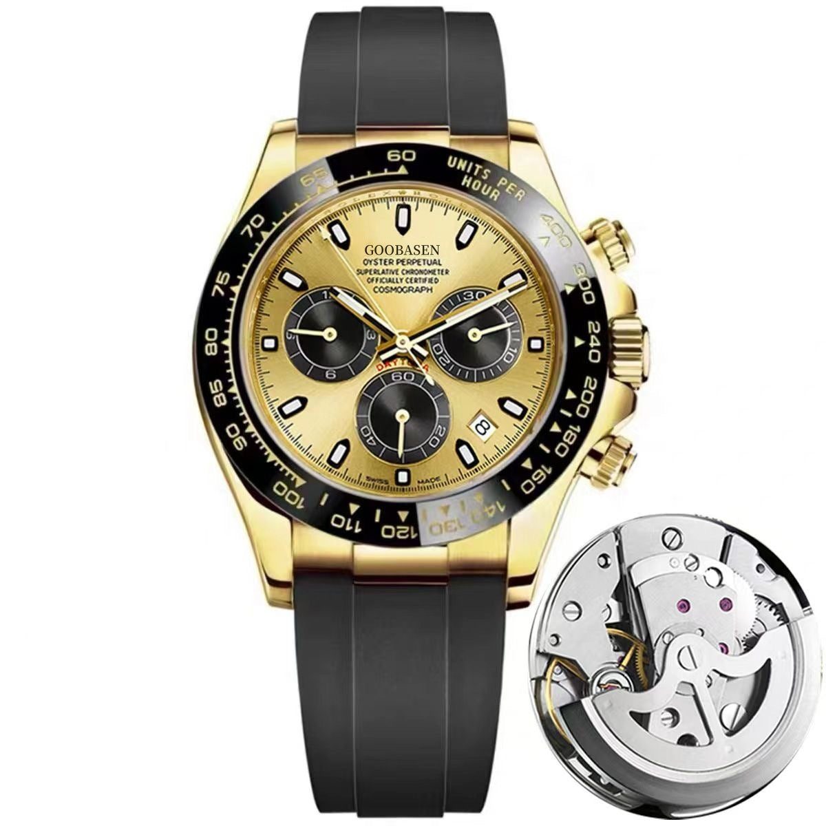 Gold-tone mechanical-style men’s watch with champagne dial and black silicone strap