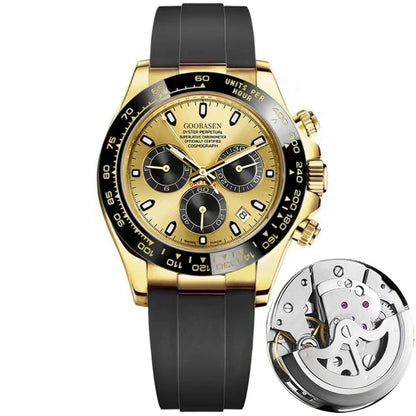 Gold-tone mechanical-style men’s watch with champagne dial and black silicone strap