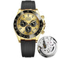 Gold-tone mechanical-style men’s watch with champagne dial and black silicone strap