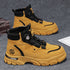 Men’s high-top casual shoes in yellow with black trim, side logos, and thick sole