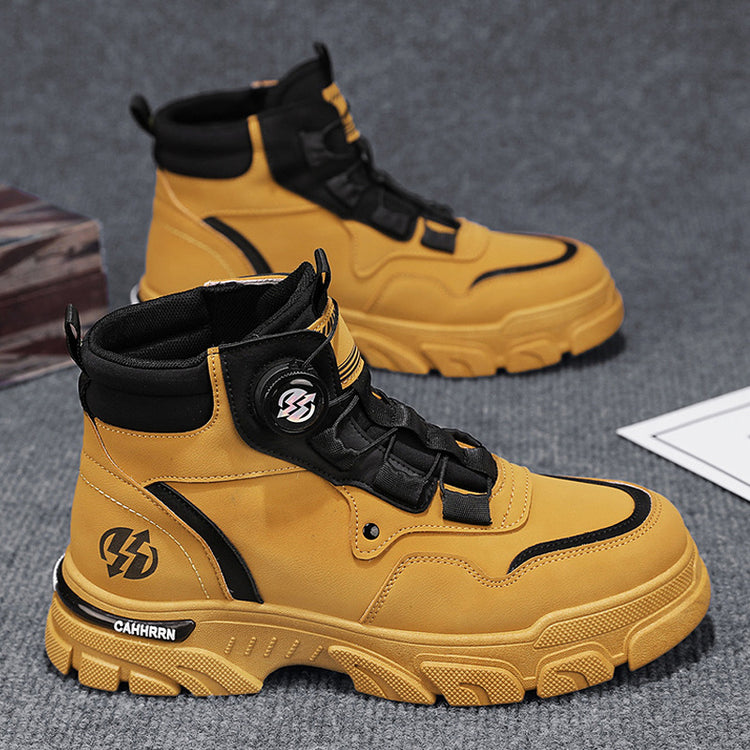 Men’s high-top casual shoes in yellow with black trim, side logos, and thick sole