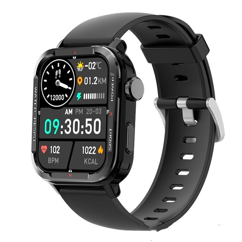 Sports smartwatch with black silicone strap and digital time with health icons