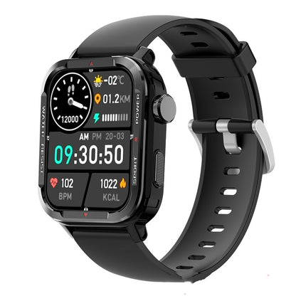 Sports smartwatch with black silicone strap and digital time with health icons