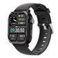 Sports smartwatch with black silicone strap and digital time with health icons